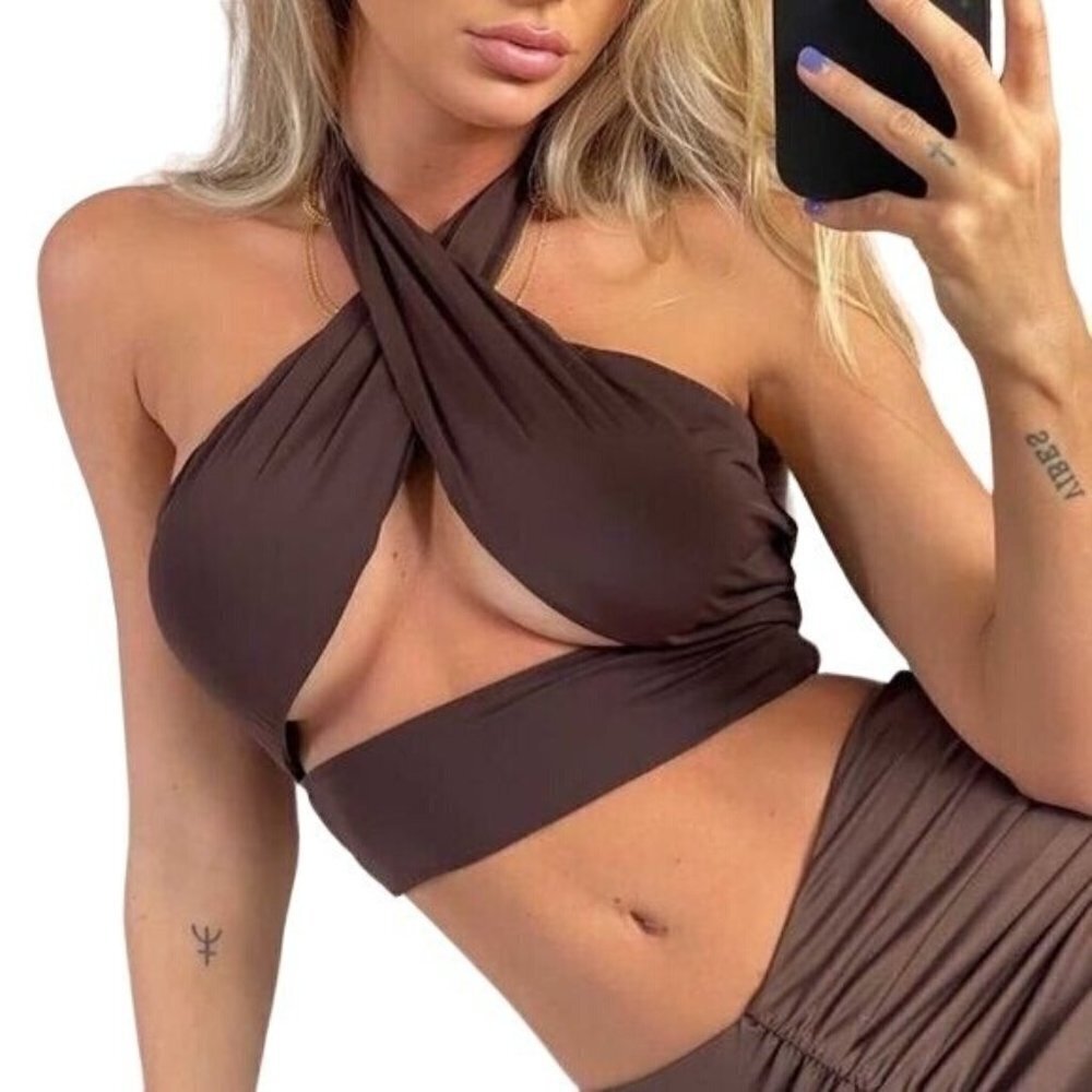 Tiger Mist Brown Cross Tie Halter Neck Archie Top Size Xs